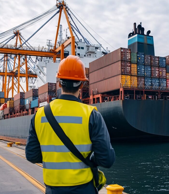 A dock worker monitors the loading of a cargo ship, surrounded by towering cranes and containers, set against a cloudy sky. A dock worker monitors the loading of a cargo ship, surrounded by towering cranes and containers, set against a cloudy sky.